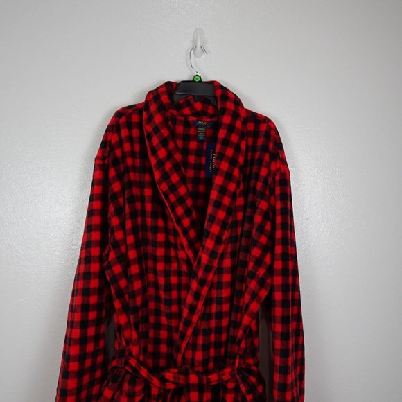 POLO RALPH LAUREN Men's Robe Sleep Fleece Plush Plaid Buffalo Red Black L/XL NWT - Picture 13 of 14